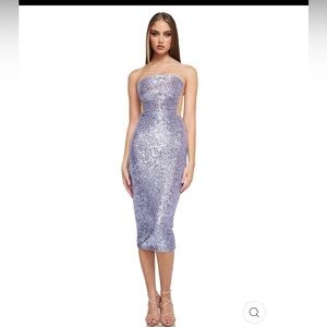 Nookie Lavender sequin strapless midi dress mesh on sides of bodice Sz S
